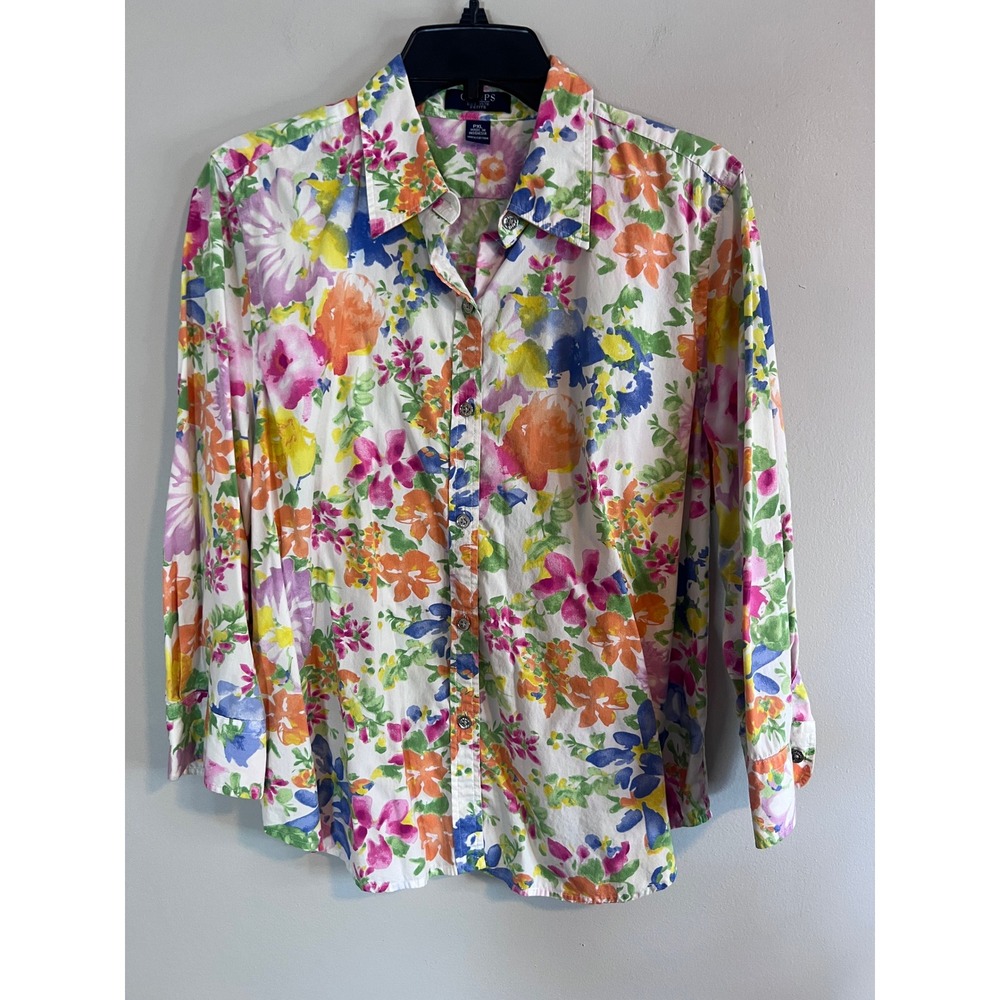 Chaps Petite Floral Button Down Shirt PXL Multicolor Cotton Long Sleeve Top